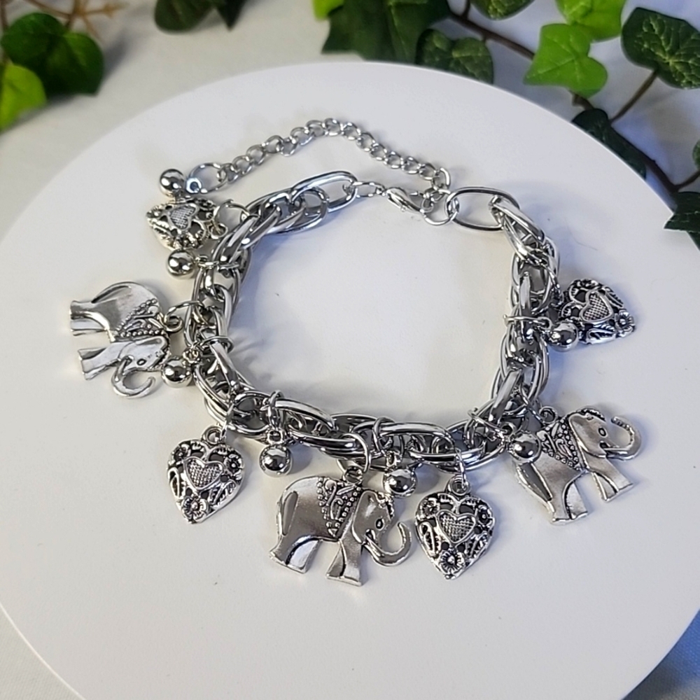 Silver Chain Elephant and Heart Charm Bracelet